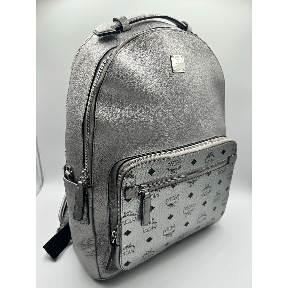 Authentic MCM Stark Silver Visetos Backpack Metallic Leather Medium Bag Entrupy